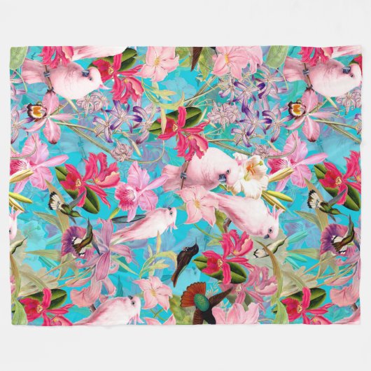Roze tropische vogel en orchidee fluitpatroon fleece deken (Voorkant (Horizontaal))