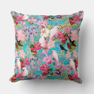 Roze tropische vogel en orchidee fluitpatroon kussen