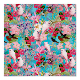 Roze tropische vogel en orchidee fluitpatroon perfect poster