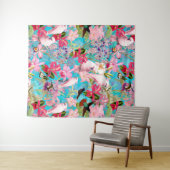 Roze tropische vogel en orchidee fluitpatroon wandkleed (In Situ (horizontaal))