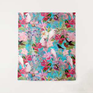 Roze tropische vogel en orchidee fluitpatroon wandkleed
