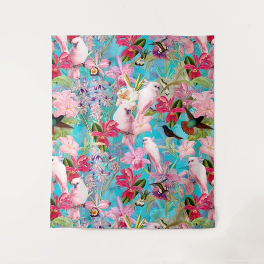 Roze tropische vogel en orchidee fluitpatroon wandkleed (Voorkant)
