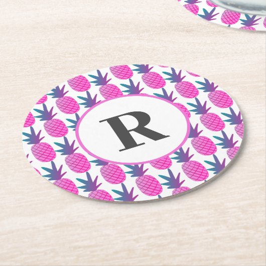 Roze tropische Waterverf ananassolmonogram Ronde Kartonnen Onderzetter (Gebogen)