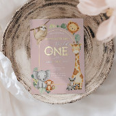 Roze Tropische Wilde Eén Jungle Safari Dieren  Folie Uitnodiging