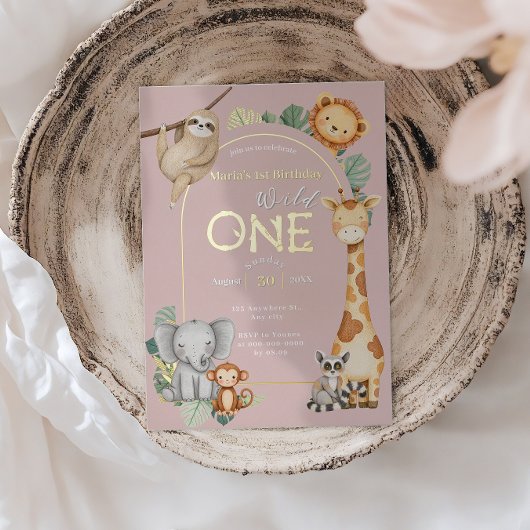 Roze Tropische Wilde Eén Jungle Safari Dieren  Folie Uitnodiging