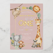 Roze Tropische Wilde Eén Jungle Safari Dieren  Folie Uitnodiging (Voorkant)