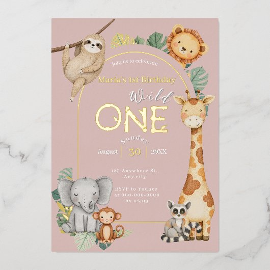Roze Tropische Wilde Eén Jungle Safari Dieren  Folie Uitnodiging (Voorkant)