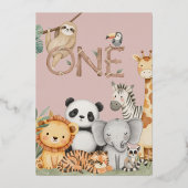 Roze Tropische Wilde Eén Jungle Safari Dieren  Folie Uitnodiging (Achterkant)