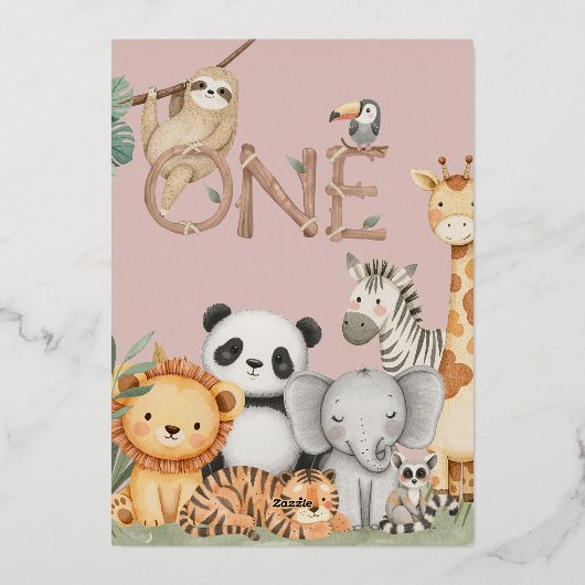 Roze Tropische Wilde Eén Jungle Safari Dieren  Folie Uitnodiging (Achterkant)
