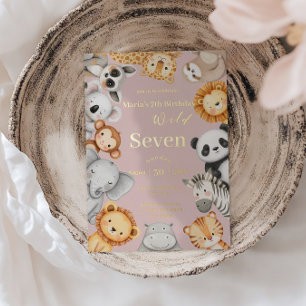 Roze Tropische Wilde Jungle Safari Dieren  Folie Uitnodiging