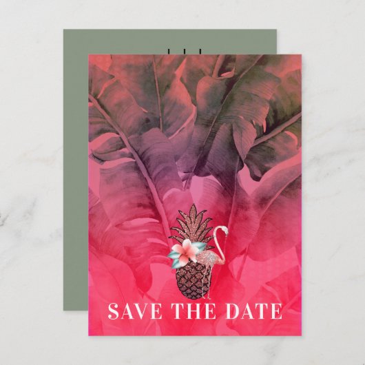 Roze Tropische Zomer Palmbladeren Save the Date Aankondigingskaart (Voorkant / Achterkant)