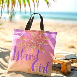 Roze Tropische Zonsondergang Palm Tree Island Meis Tote Bag