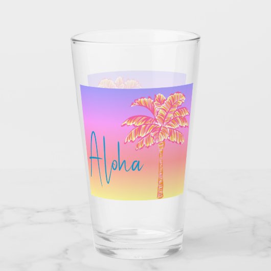 Roze Tropische Zonsondergang Palmboom Aloha Glas (Voorkant)