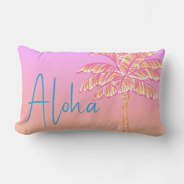 Roze Tropische Zonsondergang Palmboom Aloha Outdoo Buitenkussen (Voorkant)