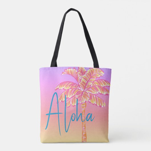 Roze Tropische Zonsondergang Palmboom Aloha Outdoo Tote Bag (Achterkant)
