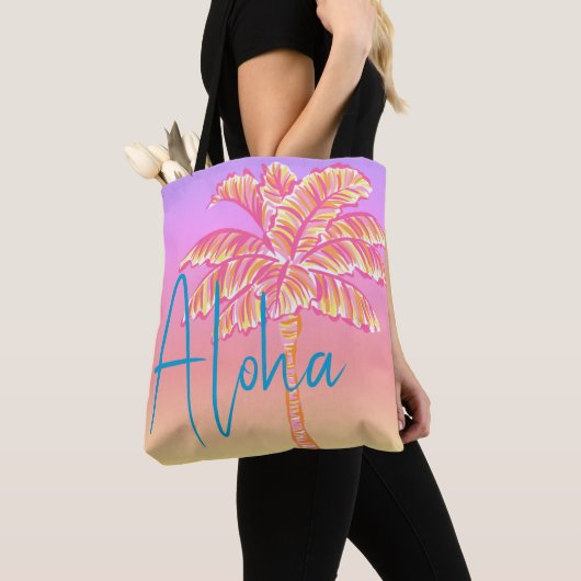 Roze Tropische Zonsondergang Palmboom Aloha Outdoo Tote Bag (Dichtbij)
