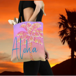 Roze Tropische Zonsondergang Palmboom Aloha Outdoo Tote Bag