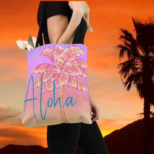 Roze Tropische Zonsondergang Palmboom Aloha Outdoo Tote Bag