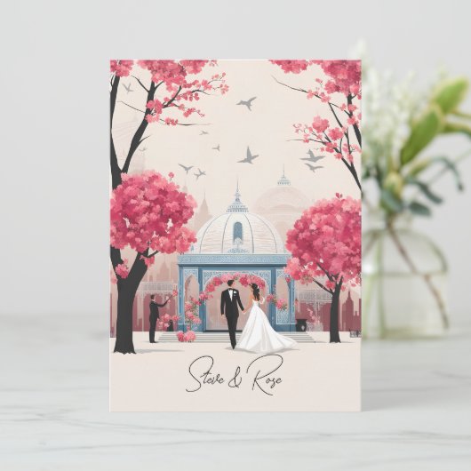 Roze Trouw Uitnodiging en Programma (Staand voorkant)