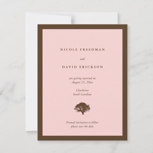 Roze trouwaankondigingseik boom sparen de datum kaart (Voorkant)