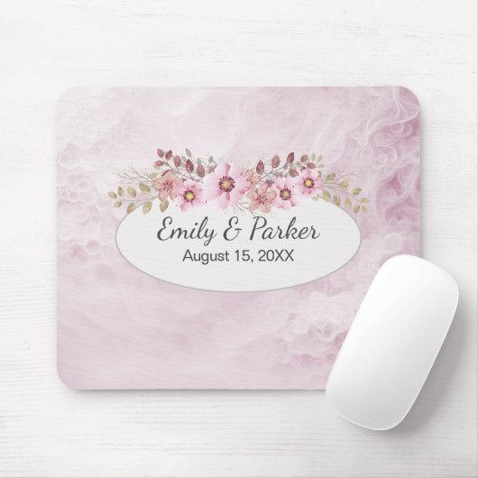 Roze trouwabstract met namen en datum muismat (Met muis)