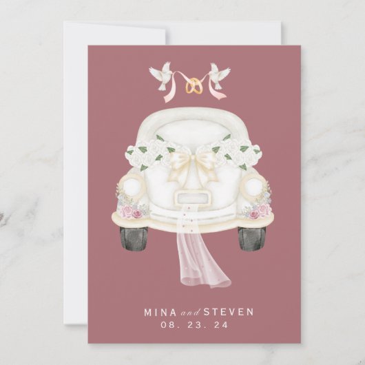 roze trouwauto met bloemen save the date (Voorkant)