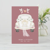 roze trouwauto met bloemen save the date (Staand voorkant)
