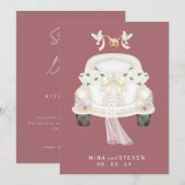 roze trouwauto met bloemen save the date (Voorkant / Achterkant)