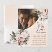 Roze Trouwfoto Bloemen Save the Date Kaart (Voorkant / Achterkant)