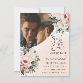Roze Trouwfoto Bloemen Save the Date Kaart