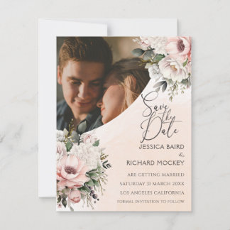 Roze Trouwfoto Bloemen Save the Date Kaart