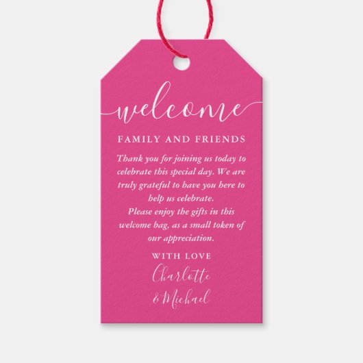 Roze trouwgeschenk welkomstmandtas cadeaulabel (Voorkant)