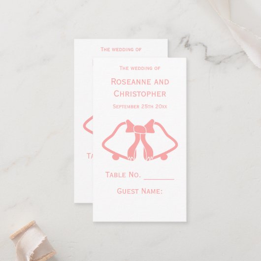 Roze Trouwplaats Instelling Kaart Bells Ribbon Plaatskaartje (Voorkant / Achterkant in situ)