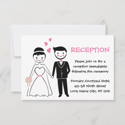 Roze Trouwreceptie - Cartoon Bruid En Bruidegom Kaart (Voorkant)