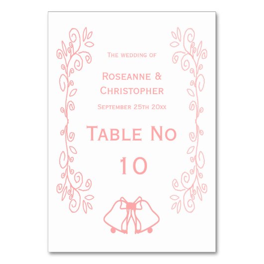 Roze Trouwtafel Nummer Kaart Bells Scrollwork (Voorkant)