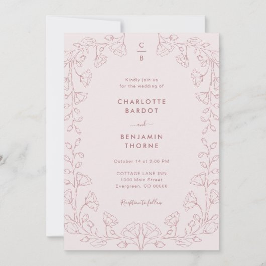 Roze Trouwuitnodiging met Monogram Kaart (Voorkant)