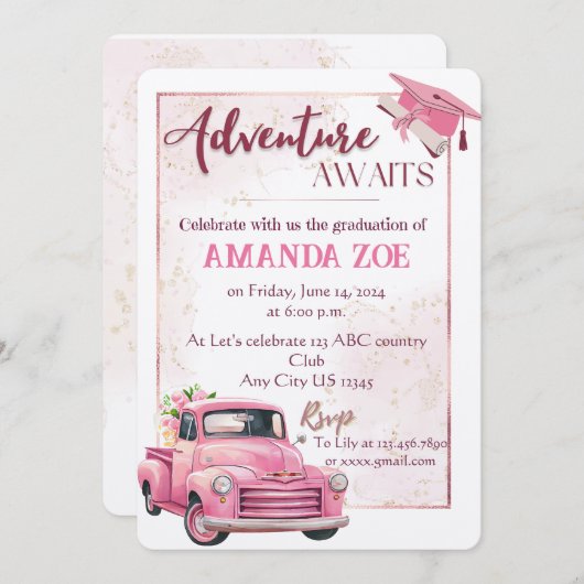 Roze truck afstuderen uitnodiging (Voorkant / Achterkant)