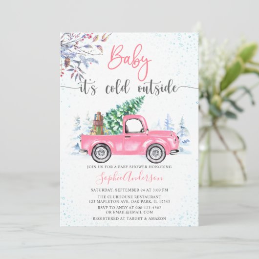 Roze Truck Baby Het is koud Baby shower van buiten Kaart (Staand voorkant)