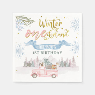 Roze Truck Banner Winter Onederland Verjaardag Servet