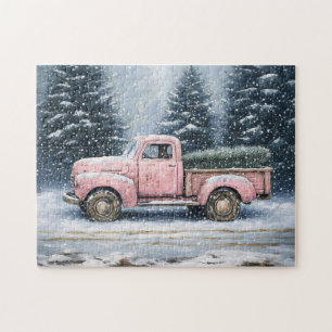 Roze  truck die een kerstboom vervoert legpuzzel