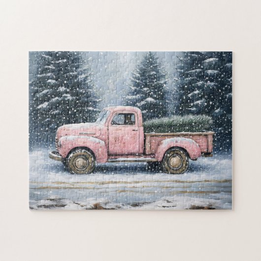 Roze  truck die een kerstboom vervoert legpuzzel (Horizontaal)