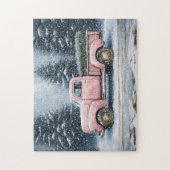 Roze  truck die een kerstboom vervoert legpuzzel (Verticaal)