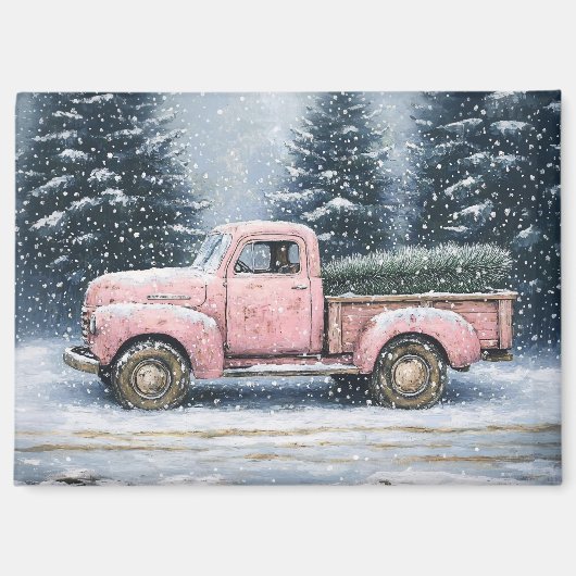 Roze  truck die een kerstboom vervoert magneet (Voorkant)