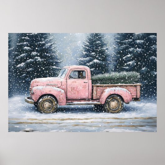 Roze truck die een kerstboom vervoert poster (Voorkant)