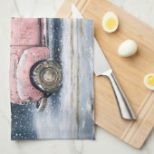 Roze  truck die een kerstboom vervoert theedoek (Quarter Fold)