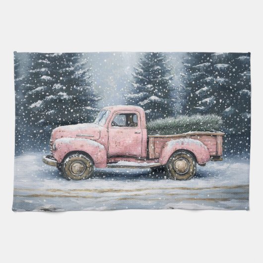Roze  truck die een kerstboom vervoert theedoek (Horizontaal)