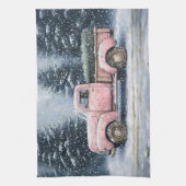 Roze  truck die een kerstboom vervoert theedoek (Verticaal)