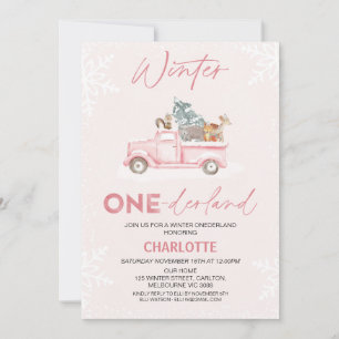Roze Truck Foto Winter Onederland 1e Verjaardag Kaart
