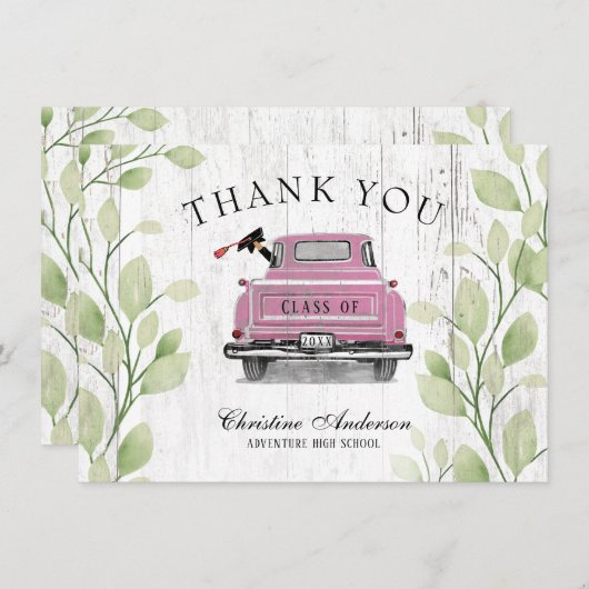  Roze Truck Greenery Rustiek Afstuderen Bedankkaart (Voorkant / Achterkant)