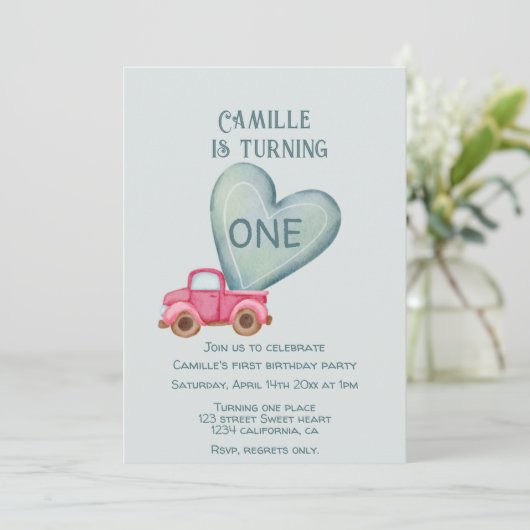 roze truck & hart verjaardag Uitnodiging (Staand voorkant)